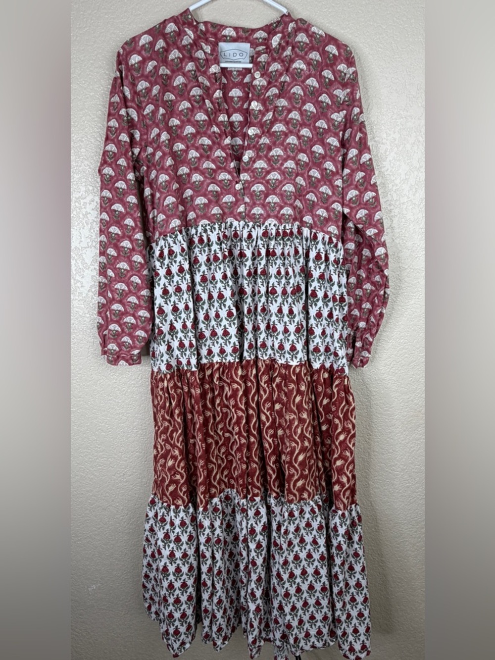 Lido Tiered Boho Maxi Dress in Dusty Rose and White Floral Print sz L Large GUC